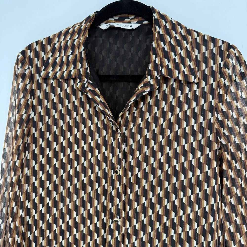 ZARA BROWN GEO PRINT GOLD LUREX MINI SHIRT DRESS RETRO‎ SMALL -- FLAWED